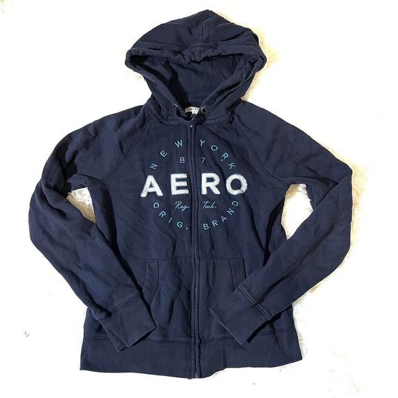 Y2K‎ Navy blue Aeropostale zip-up hoodie with white logo size s - Picture 1 of 7